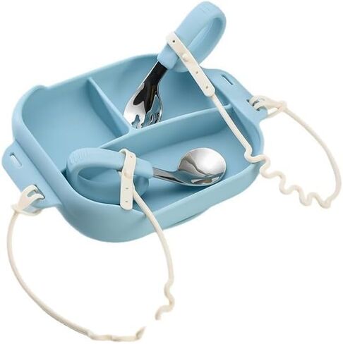 أدوات مائدة من السيليكون للأطفال، طبق شفط مقسم من السيليكون للأطفال مع أكواب شفط مدمجة، ملاعق أطفال، حبال قابلة للربط للأطفال، تصميم مقسم للأكل الذين يصعب إرضاؤهم، مستلزمات فطام الأطفال in Kuwait