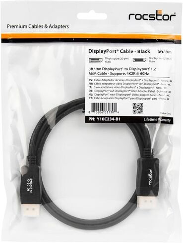 Rocstor Premium 3ft / 1m DisplayPort 1.2 Cable M/M - DisplayPort 4k - DisplayPort ذكر الصوت/الفيديو الرقمي - 3ft - أسود - كابل DP إلى DP 4Kx2K - DisplayPort للشاشة، جهاز الصوت/الفيديو - 2.70 جيجابايت/ثانية in Saudi Arabia