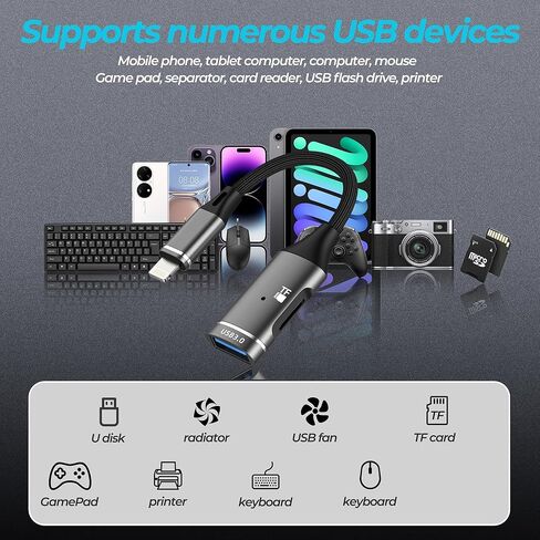 محول Lightning إلى USB (2 في 1) محول لهاتف Iphone 14 13 12 11 Pro Max قارئ بطاقات Micro SD لكابل شهادة Apple MFi وكاميرا رقمية لمحرك أقراص فلاش Ipad OTG 3.0 إلى سلك نقل TF الإضاءة in Kuwait