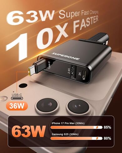【2026 Ultra-Slim】SUPERONE Retractable Car Charger, USB-C Car Charger, 63W Fast Charging Car Phone Charger with Type C Cable, Car Accessories Adapter for iPhone 17/16/15/14/13, Samsung, iPad, RV Truck in Saudi Arabia