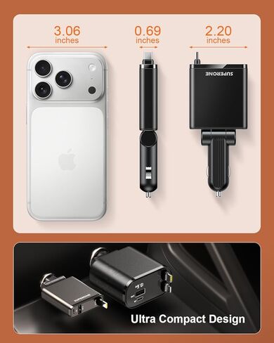 【2026 Ultra-Slim】SUPERONE Retractable Car Charger, USB-C Car Charger, 63W Fast Charging Car Phone Charger with Type C Cable, Car Accessories Adapter for iPhone 17/16/15/14/13, Samsung, iPad, RV Truck in Saudi Arabia