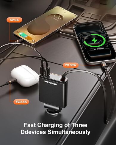 【2026 Ultra-Slim】SUPERONE Retractable Car Charger, USB-C Car Charger, 63W Fast Charging Car Phone Charger with Type C Cable, Car Accessories Adapter for iPhone 17/16/15/14/13, Samsung, iPad, RV Truck in Saudi Arabia