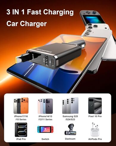 【2026 Ultra-Slim】SUPERONE Retractable Car Charger, USB-C Car Charger, 63W Fast Charging Car Phone Charger with Type C Cable, Car Accessories Adapter for iPhone 17/16/15/14/13, Samsung, iPad, RV Truck in Saudi Arabia