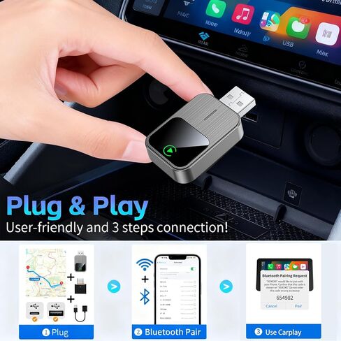 محول CarPlay اللاسلكي لهاتف iPhone - سلكي إلى CarPlay اللاسلكي، التوصيل والتشغيل، اتصال سريع ومستقر، USB صغير وزر إعادة الضبط، متوافق مع السيارات 2016+ (iOS فقط) in Kuwait