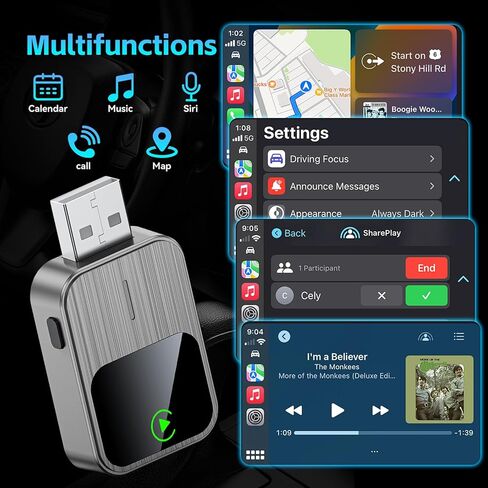 محول CarPlay اللاسلكي لهاتف iPhone - سلكي إلى CarPlay اللاسلكي، التوصيل والتشغيل، اتصال سريع ومستقر، USB صغير وزر إعادة الضبط، متوافق مع السيارات 2016+ (iOS فقط) in Kuwait