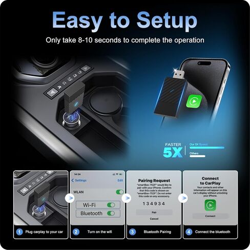 Wireless CarPlay Adapter for Apple iPhone, Convert Wired to Wireless, Plug&Play USB A/Type C Design for Cars That Built-in Wired Apple Car Play, Easy Use&Seamless Connection for iPhone iOS 10+ in Saudi Arabia