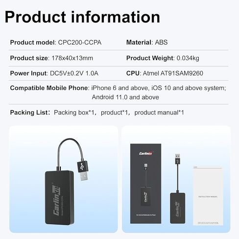 Carlinkit CCPA Wireless CarPlay & Android Auto Adapter, Only for Car with Android Head Unit 4.4.2+, 5.8GHz Dongle with Built-in APK App, Support Wireless Connect & Screen Mirroring, OTA Upgrade in Saudi Arabia