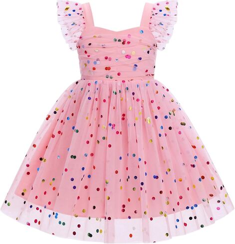 Kids Girls Birthday Party Dress Sequin Mesh Flutter Sleeve Smocked Back Ruffle Tulle Dress Photo Shoot in Saudi Arabia