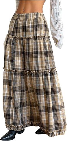 تنورة طويلة نسائية من Verdusa بتصميم Grunge Gingham منقوشة بطبقات وكشكشة طويلة على شكل حرف A in Kuwait