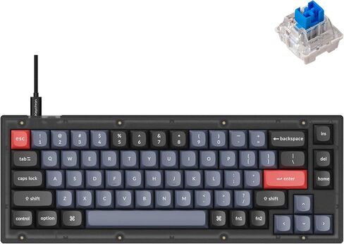 لوحة مفاتيح ميكانيكية سلكية مخصصة Keychron V2، تخطيط 65% QMK/VIA ماكرو قابل للبرمجة مع مفتاح Keychron K Pro Blue قابل للتبديل السريع متوافق مع نظام التشغيل Mac Windows Linux (أسود بلوري - شفاف) in Kuwait