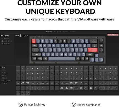 لوحة مفاتيح ميكانيكية سلكية مخصصة Keychron V2، تخطيط 65% QMK/VIA ماكرو قابل للبرمجة مع مفتاح Keychron K Pro Blue قابل للتبديل السريع متوافق مع نظام التشغيل Mac Windows Linux (أسود بلوري - شفاف) in Kuwait