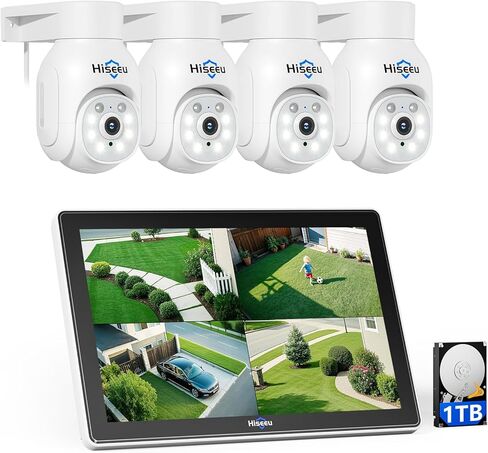Hiseeu Wireless Security Camera System, 5MP Outdoor Cameras with 10" LCD Monitor 4-Cam Kit, 1TB HDD, Plug & Play NVR, Auto Tracking, 2.4G/5GHz WiFi, 2-Way Audio, Color Night Vision, No Monthly Fees in Saudi Arabia