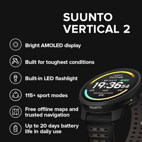 SUUNTO Vertical 2 GPS Sport Watch with 1.5" AMOLED Touchscreen, Black & SUUNTO 22 ATH6 Silicone Strap All Black S+M in Saudi Arabia