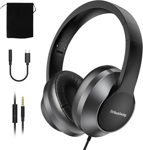سماعات رأس W2 USB C سلكية فوق الأذن، محول AUX Plus USB-C مقاس 3.5 مم، سماعة رأس سلكية مع ميكروفون، كابل قوي طويل جدًا بطول 4.9 أقدام لوحدات تحكم الألعاب، iPhone 16، iPad والأجهزة اللوحية، قابل للطي مع حقيبة in Kuwait