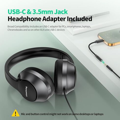 سماعات رأس W2 USB C سلكية فوق الأذن، محول AUX Plus USB-C مقاس 3.5 مم، سماعة رأس سلكية مع ميكروفون، كابل قوي طويل جدًا بطول 4.9 أقدام لوحدات تحكم الألعاب، iPhone 16، iPad والأجهزة اللوحية، قابل للطي مع حقيبة in Kuwait