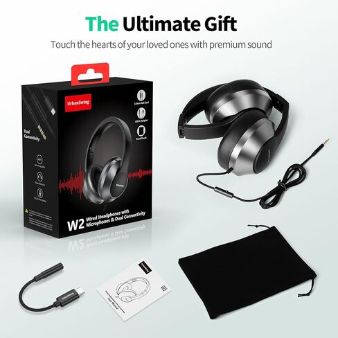 سماعات رأس W2 USB C سلكية فوق الأذن، محول AUX Plus USB-C مقاس 3.5 مم، سماعة رأس سلكية مع ميكروفون، كابل قوي طويل جدًا بطول 4.9 أقدام لوحدات تحكم الألعاب، iPhone 16، iPad والأجهزة اللوحية، قابل للطي مع حقيبة in Kuwait