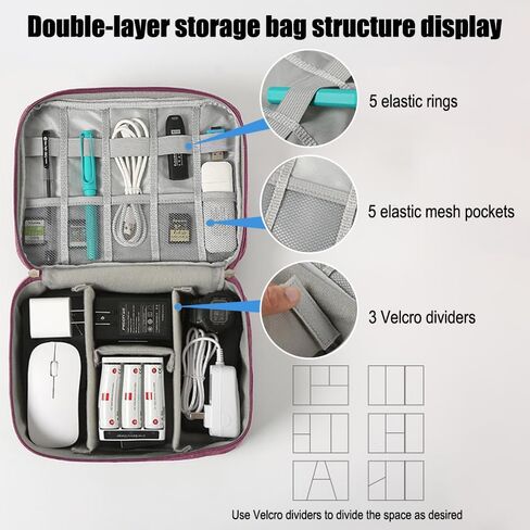 Travel Cable Organizer Pouch Electronic Accessories Carry Case Portable Waterproof Double Layers Storage Bag for Cord, Charger, Phone, Earphone,Purple in Saudi Arabia