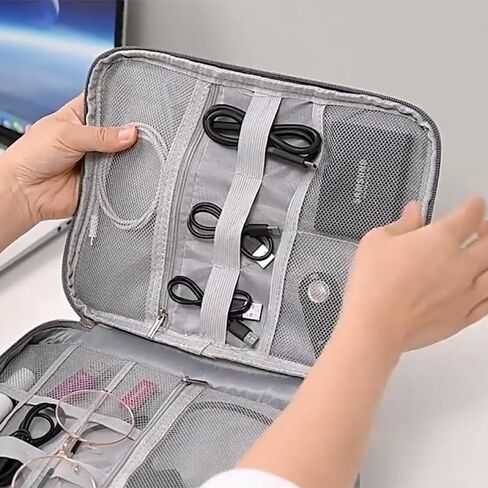 BLACK-Travel cable storage bag, electronic accessory box portable three-layer cable storage bag, can store cables, chargers, flash drives in Saudi Arabia