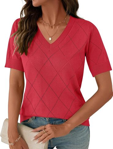 سترة نسائية بأكمام قصيرة من IECCP، سترة صيفية برقبة على شكل حرف V، بلوفر محبوك خفيف الوزن، بلوزات عمل غير رسمية in Kuwait