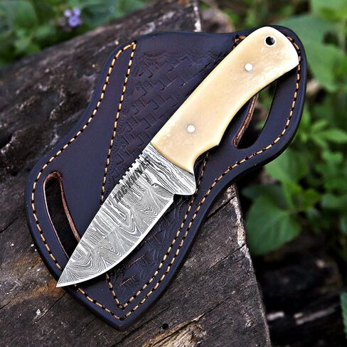 TAC KNIVES 7 بوصة كامل تانغ ثابت بليد سكين صيد للتخييم في الهواء الطلق في غمد هدية له سكين سكينر من الفولاذ الدمشقي هدية سكاكين رعاة البقر فطيرة جلدية غمد (عظم 10) in Kuwait