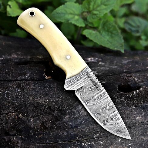 TAC KNIVES 7 بوصة كامل تانغ ثابت بليد سكين صيد للتخييم في الهواء الطلق في غمد هدية له سكين سكينر من الفولاذ الدمشقي هدية سكاكين رعاة البقر فطيرة جلدية غمد (عظم 10) in Kuwait