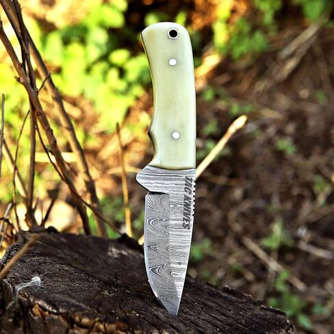TAC KNIVES 7 بوصة كامل تانغ ثابت بليد سكين صيد للتخييم في الهواء الطلق في غمد هدية له سكين سكينر من الفولاذ الدمشقي هدية سكاكين رعاة البقر فطيرة جلدية غمد (عظم 10) in Kuwait