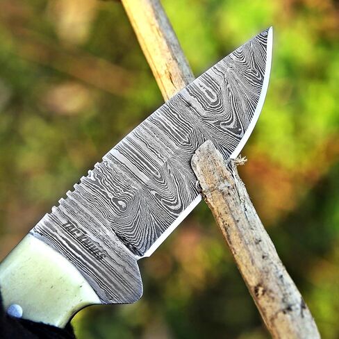 TAC KNIVES 7 بوصة كامل تانغ ثابت بليد سكين صيد للتخييم في الهواء الطلق في غمد هدية له سكين سكينر من الفولاذ الدمشقي هدية سكاكين رعاة البقر فطيرة جلدية غمد (عظم 10) in Kuwait
