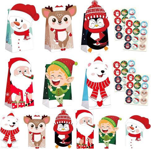 KaKeDuJa Christmas Gift Bags-48PCS Small Kraft Paper Goody Bags with Stickers & DIY Cards, Holiday Gift Bags for Candy, Cookies, Kids Party Favors, Christmas Bags Bulk in Saudi Arabia