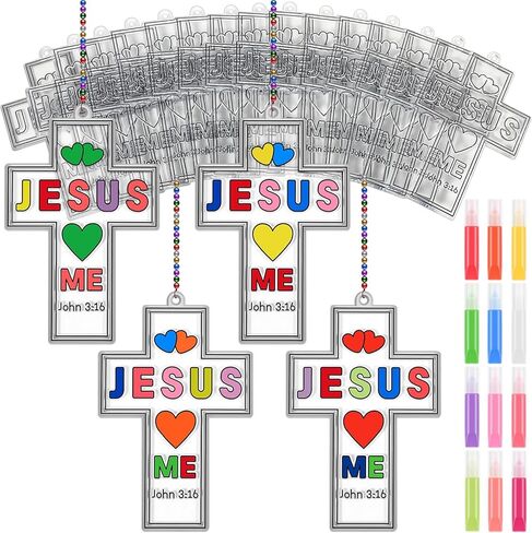 Blueweenly 72 Pcs Cross Suncatchers Painting Crafts Kit for Kids Religious Cross Craft Kits Ornaments for Sunday School Christian Suncatchers Paint DIY Window Suncatcher Ornaments (Classic) in Saudi Arabia