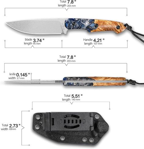 Handmade DC53 Fixed Blade Knife, 7.8-inch Men's EDC Knife, Tactical K-Type Knife Sheath, Anti-slip, Resin-fused maple wood knife handle, Ideal for outdoor camping adventures, mountaineering trips, and practical tactical use. (Yellow and blue) in Saudi Arabia