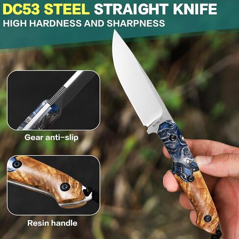 Handmade DC53 Fixed Blade Knife, 7.8-inch Men's EDC Knife, Tactical K-Type Knife Sheath, Anti-slip, Resin-fused maple wood knife handle, Ideal for outdoor camping adventures, mountaineering trips, and practical tactical use. (Yellow and blue) in Saudi Arabia