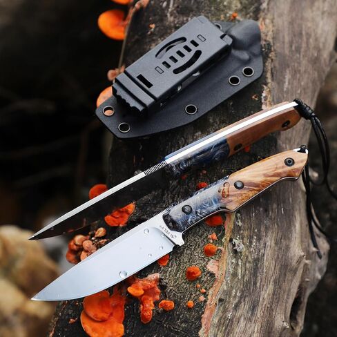 Handmade DC53 Fixed Blade Knife, 7.8-inch Men's EDC Knife, Tactical K-Type Knife Sheath, Anti-slip, Resin-fused maple wood knife handle, Ideal for outdoor camping adventures, mountaineering trips, and practical tactical use. (Yellow and blue) in Saudi Arabia