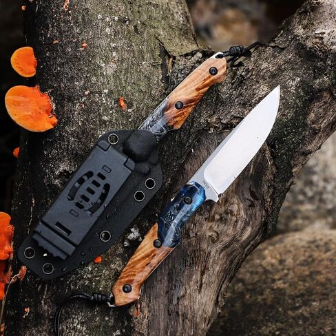 Handmade DC53 Fixed Blade Knife, 7.8-inch Men's EDC Knife, Tactical K-Type Knife Sheath, Anti-slip, Resin-fused maple wood knife handle, Ideal for outdoor camping adventures, mountaineering trips, and practical tactical use. (Yellow and blue) in Saudi Arabia