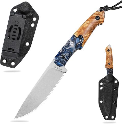Handmade DC53 Fixed Blade Knife, 7.8-inch Men's EDC Knife, Tactical K-Type Knife Sheath, Anti-slip, Resin-fused maple wood knife handle, Ideal for outdoor camping adventures, mountaineering trips, and practical tactical use. (Yellow and blue) in Saudi Arabia