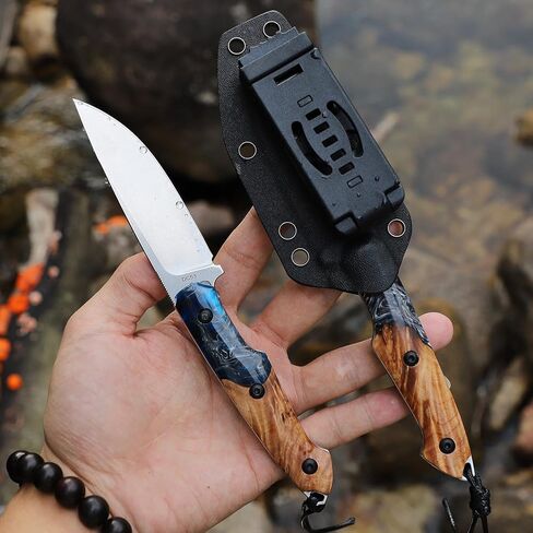 Handmade DC53 Fixed Blade Knife, 7.8-inch Men's EDC Knife, Tactical K-Type Knife Sheath, Anti-slip, Resin-fused maple wood knife handle, Ideal for outdoor camping adventures, mountaineering trips, and practical tactical use. (Yellow and blue) in Saudi Arabia