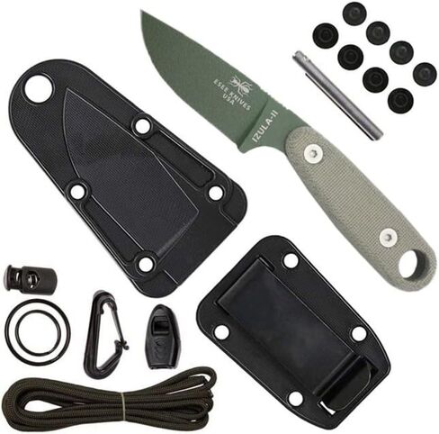 سكين الشفرة الثابتة ESEE Izula-II، مجموعة النجاة، غمد يمكن استخدامه بكلتا اليدين، مشبك حزام، صنع في الولايات المتحدة الأمريكية (شفرة تان الصحراء/غمد أسود/مجموعة النجاة) in Kuwait