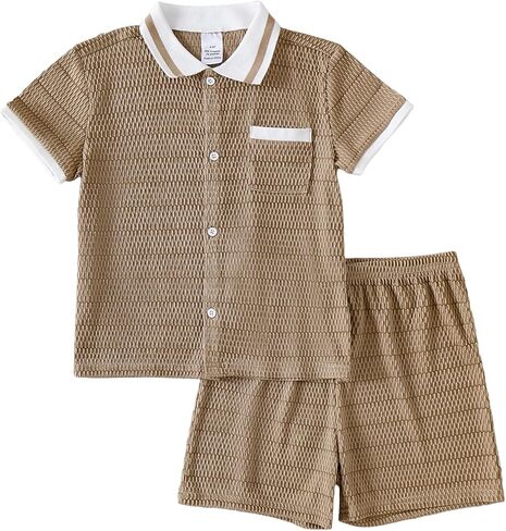 ROMPERINBOX Baby Boys Clothes Toddler Summer Outfits Waffle Knit Short Sleeve Button Down Shirt+Shorts 2Pcs for 12M-5T in Saudi Arabia