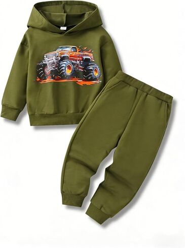 2-7 Years Toddler Boys' Dinosaur & Truck Print Pullover Hoodie and Sweatpants Set in Saudi Arabia