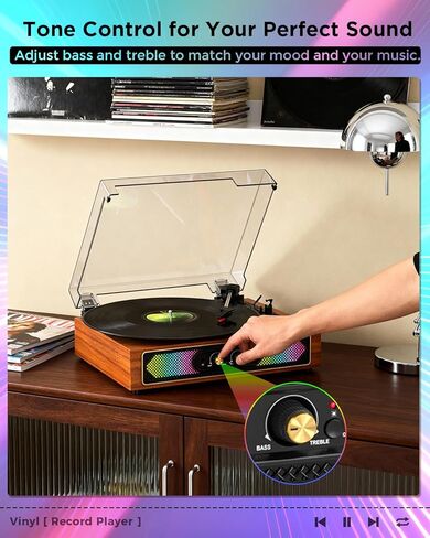 Retro Vinyl Record Player with Speakers, Bass/Treble Control,Black in Saudi Arabia