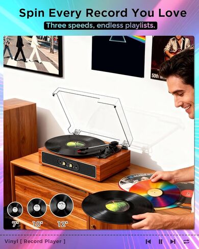 Retro Vinyl Record Player with Speakers, Bass/Treble Control,Black in Saudi Arabia
