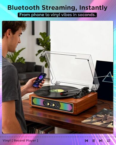Retro Vinyl Record Player with Speakers, Bass/Treble Control,Black in Saudi Arabia
