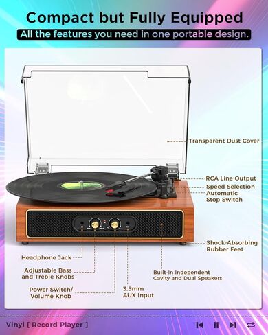 Retro Vinyl Record Player with Speakers, Bass/Treble Control,Black in Saudi Arabia