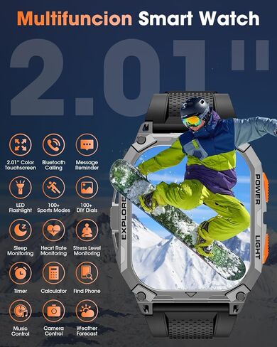Military Smart Watches for Men, 2.01" HD Smartwatch with 1000 mAh Battery/2 Straps/Answer/Make Call/Led Flashlight/Heart Rate/Sleep Monitor, 100+ Sport Modes Fitness Tracker for Android/iPhone in Saudi Arabia