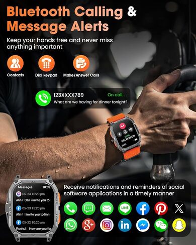Military Smart Watches for Men, 2.01" HD Smartwatch with 1000 mAh Battery/2 Straps/Answer/Make Call/Led Flashlight/Heart Rate/Sleep Monitor, 100+ Sport Modes Fitness Tracker for Android/iPhone in Saudi Arabia