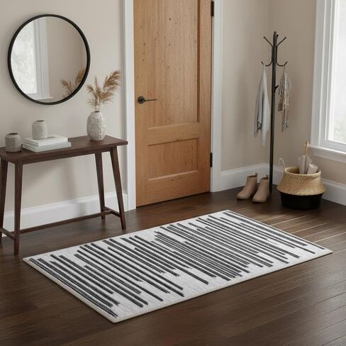 GarveeHome Beige Black 5x7 Washable Area Rug for Living Room: Modern Striped Washable Living Room Area Rug Striped Modern Non Slip Low Pile Carpet for Bedroom Soft Stain-Resistant Carpet. in Saudi Arabia