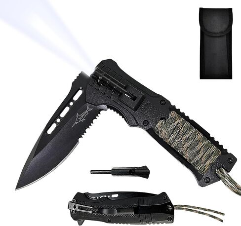 XIPHIAS Survival Folding Knife - Stainless Steel Multitool with LED Light, Fire Starter, Whistle & Paracord, Pocket Clip & Nylon Pouch for Camping, Hiking, Hunting - XK039BC-Black in Saudi Arabia