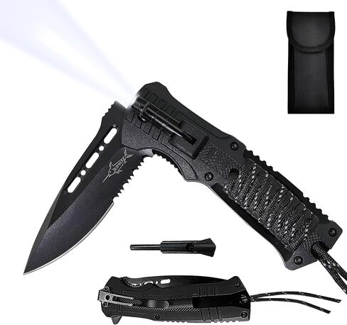 سكين XIPHIAS Survival القابل للطي - أداة متعددة من الفولاذ المقاوم للصدأ مع ضوء LED، ومشعل نار، وصفارة وباراكورد، ومشبك جيب وحقيبة نايلون للتخييم والمشي لمسافات طويلة والصيد - XK039BC-أسود in Kuwait