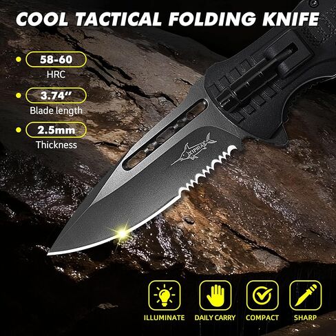 سكين XIPHIAS Survival القابل للطي - أداة متعددة من الفولاذ المقاوم للصدأ مع ضوء LED، ومشعل نار، وصفارة وباراكورد، ومشبك جيب وحقيبة نايلون للتخييم والمشي لمسافات طويلة والصيد - XK039BC-أسود in Kuwait