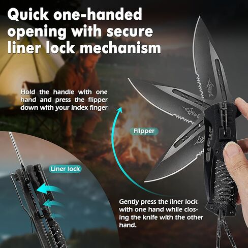 سكين XIPHIAS Survival القابل للطي - أداة متعددة من الفولاذ المقاوم للصدأ مع ضوء LED، ومشعل نار، وصفارة وباراكورد، ومشبك جيب وحقيبة نايلون للتخييم والمشي لمسافات طويلة والصيد - XK039BC-أسود in Kuwait