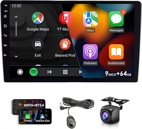 9 بوصة 64 جيجا بايت لاسلكي CarPlay Android Auto Car Stereo، Double Din HD شاشة تعمل باللمس، بلوتوث 5.4، كاميرا احتياطية، GPS، مناسب لجميع السيارات (64G) in Kuwait